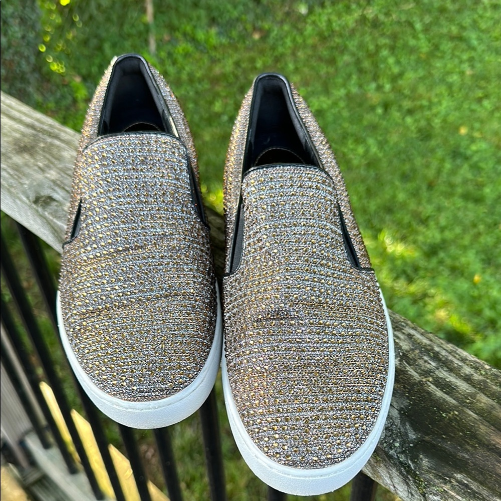 Michael Kors Womens Gold & Black Glitter Slip-On Sneakers Size 11 - Picture 2 of 3